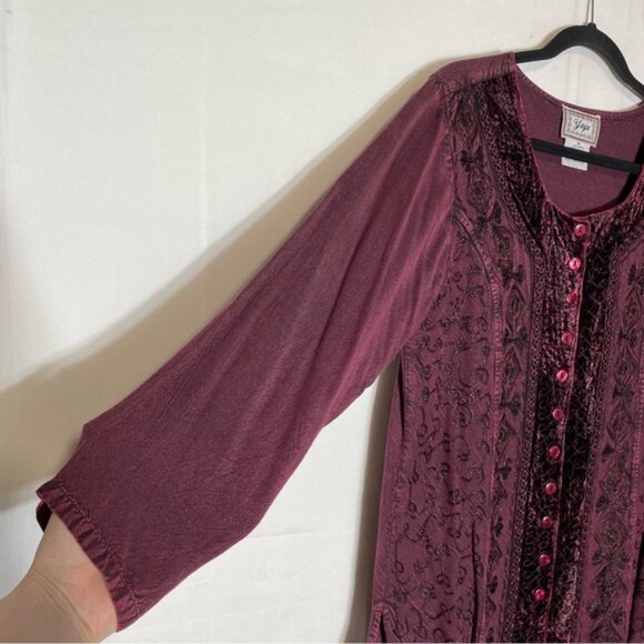 Vintage Yaya Burgundy Boho Scoop Neck Button Front Embroidered Top M - Picture 12 of 16